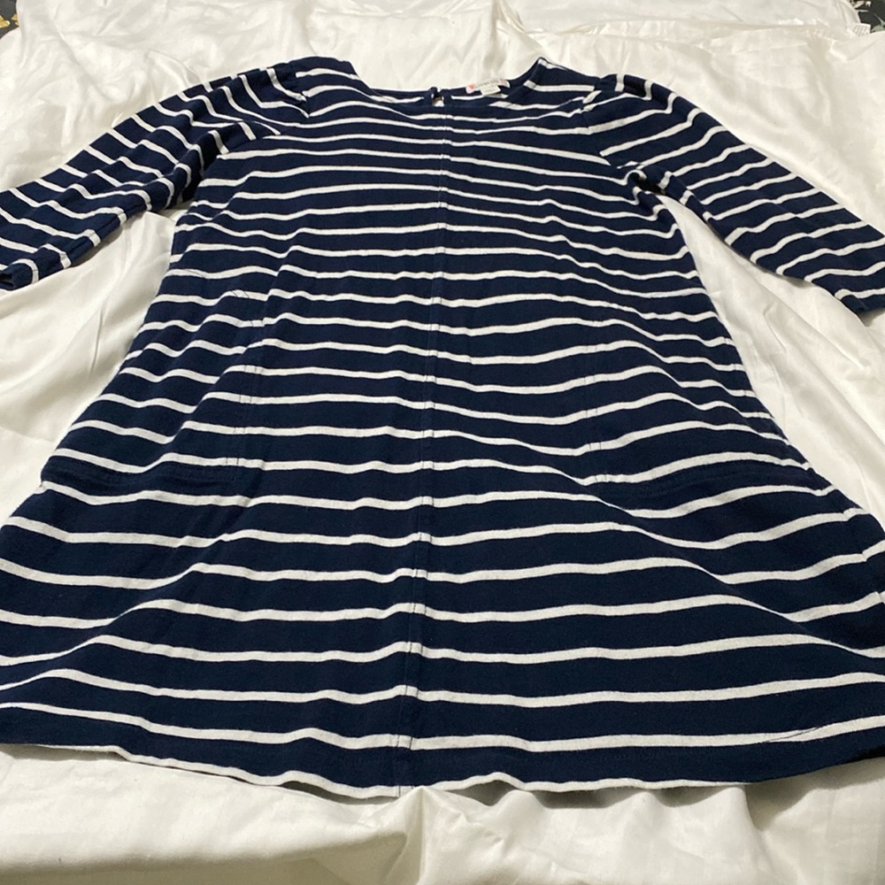 Crewcuts navy blue 3/4 sleeve girls size 10 striped dress with side pockets.